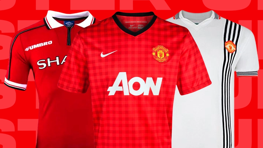 Imagem mostra uniformes históricos do Manchester United