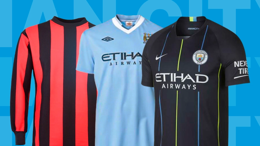 Imagem mostra uniformes históricos do Manchester City