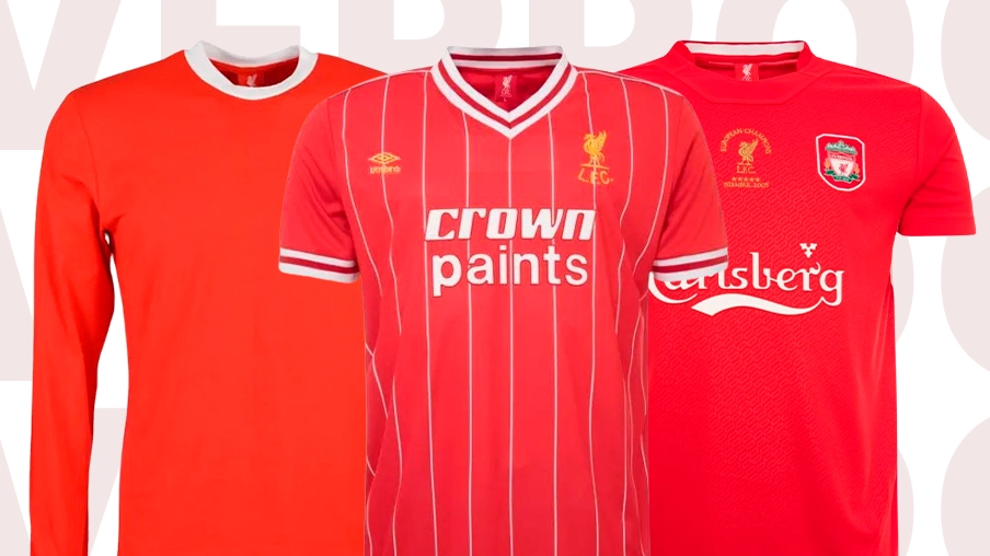 Imagem mostra uniformes históricos do Liverpool