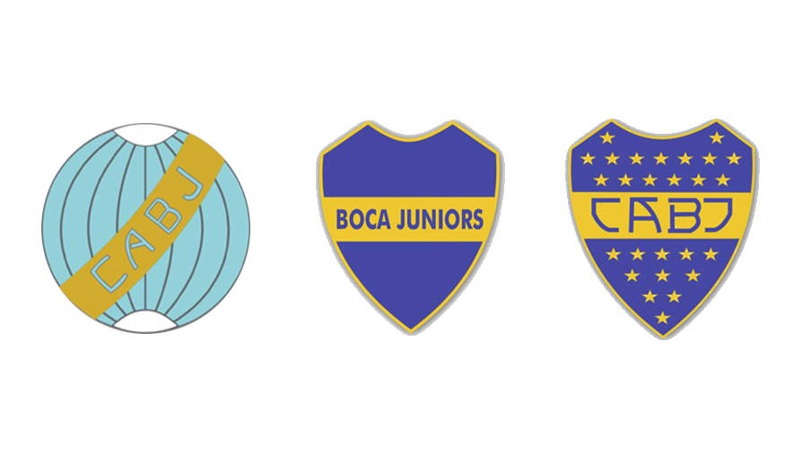 Imagem mostra três escudos históricos do Boca Juniors