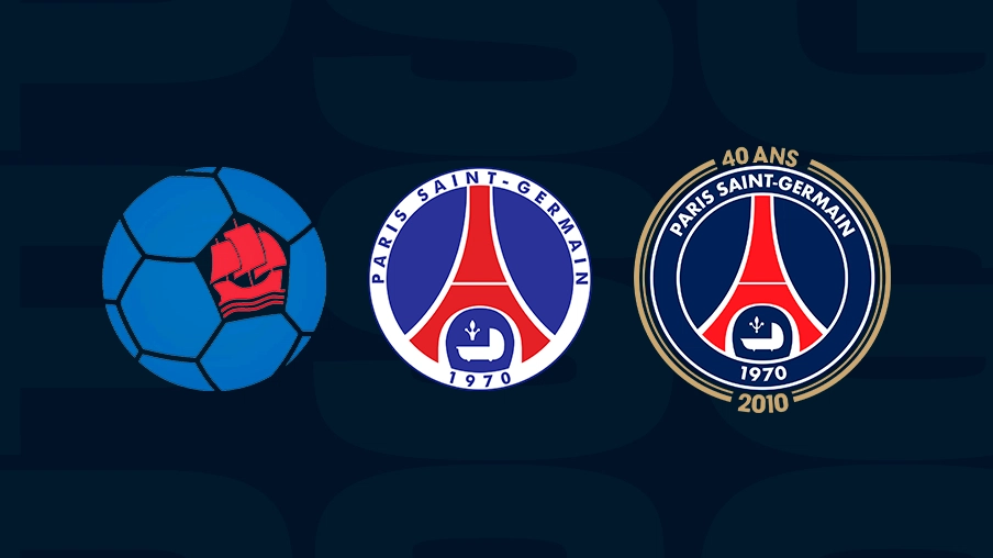 Imagem mostra três escudos históricos do PSG