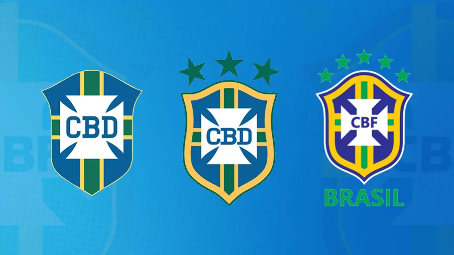 Imagem mostra três escudos históricos da Seleção Brasileira